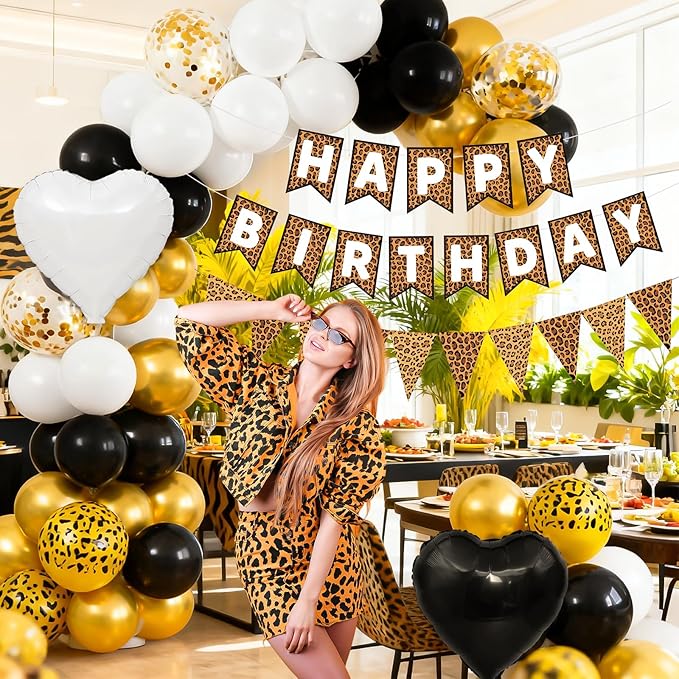 Leopard Print Happy Birthday Decorations, Gold Cheetah Print Animal Balloons Black White and Heart Balloons with Birthday Banner for Safari Wild Birthday Baby Shower Jungle Zoo Theme Party Supplies