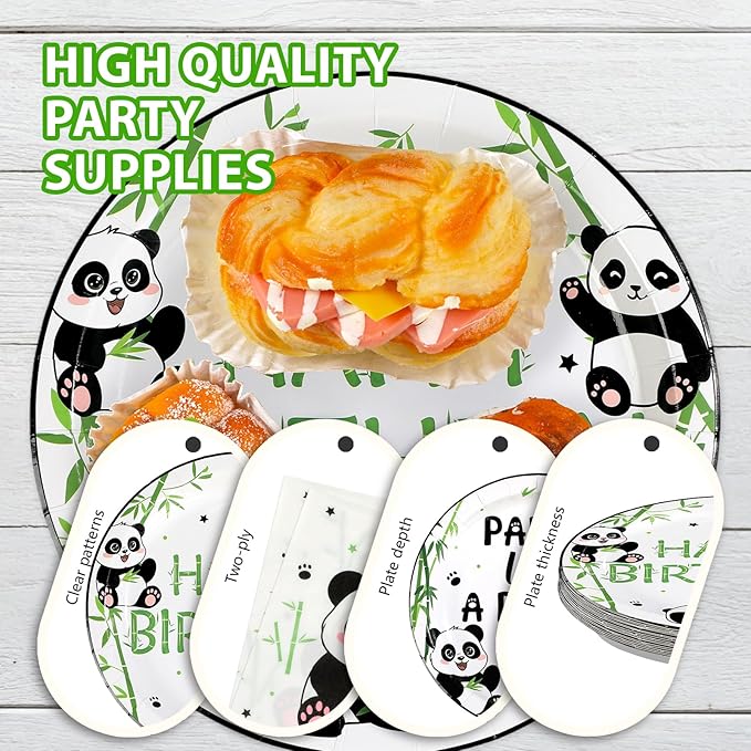 96 Pcs Panda Birthday Decorations Party Like a Panda Paper Plates and Napkins Green Bamboo Animal Themed Tableware Sets for Kids Birthday Baby Shower Newborn Party Supplies Serves 24