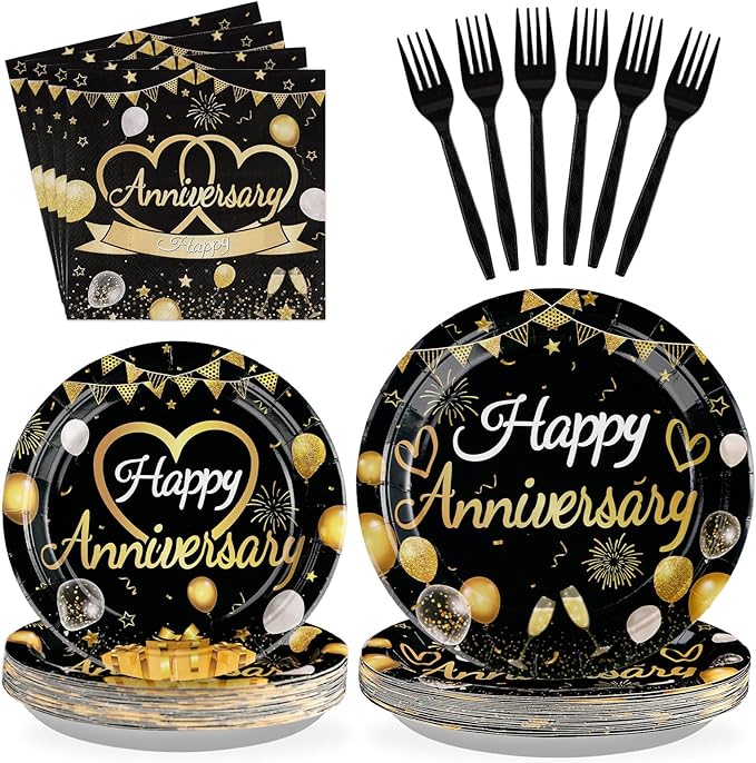 96 Pcs Happy Anniversary Decorations Disposable Black and Gold Anniversary Party Paper Plates and Napkins Tableware Set Wedding anniversary Party Supplies for 40th 50th 60th Wedding Favors 24 Guests