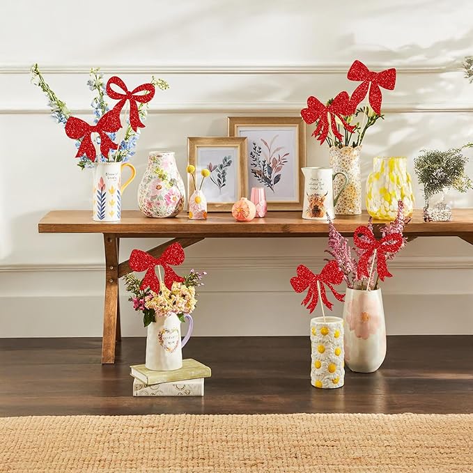 Gyufise 12Pcs Bow Centerpiece Sticks Birthday Bowknot Ribbons Coquette Table Flower Centerpieces Sticks Bow High Footed Party Decorations for Bridal Shower Birthday Wedding Party Supplies Red