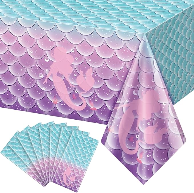 Jectivs 8Pcs Mermaid Birthday Party Tablecloth Decorations,Disposable Plastic Table Cover for Princess Under The Sea Baby Shower Themed Birthday Party Supplies,108x54 Inch
