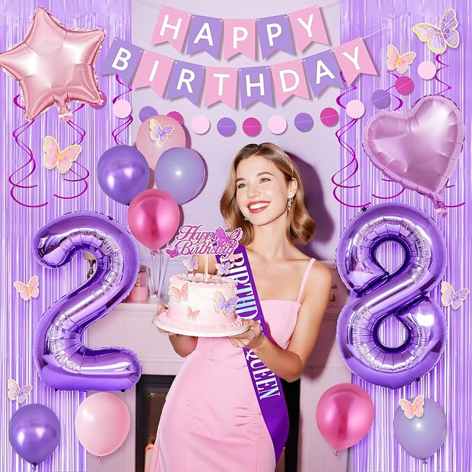 28th Purple Birthday Decorations for Women, Pink and Purple Happy 28 Birthday Party Decorations with Happy Birthday Banner, Number Foil Balloons, Butterfly Cake Topper for 28th Party Supplies