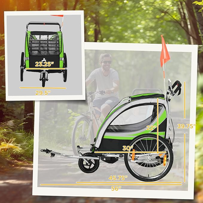 Aosom 2-in-1 Walk/Ride Child Baby Bike Trailer for Kids 2 Seater, High-Visibility Bike Stroller for Toddler Wagon, Weather-Strong Double Bicycle Trailer Accessory for Kids