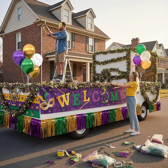 Capoda 128 Pcs Mardi Gras Wagon Float Decorations Kit - Parade Float Decor Wagon, Include Purple Gold Green Fringe Curtains, Banner, Balloons, Eyeglasses & Garland - Carnival Masquerade Party Supplies