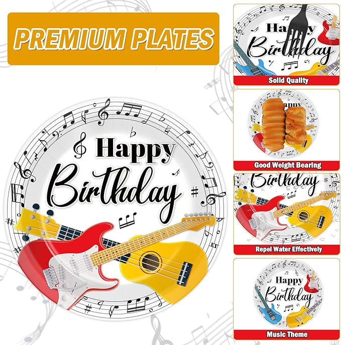 gisgfim 96Pcs Music Birthday Party Supplies Paper Plates Napkins Music Guitar Party Tableware Set Music Disposable Dinnerware Decorations Favors for Boys Girls Serves 24