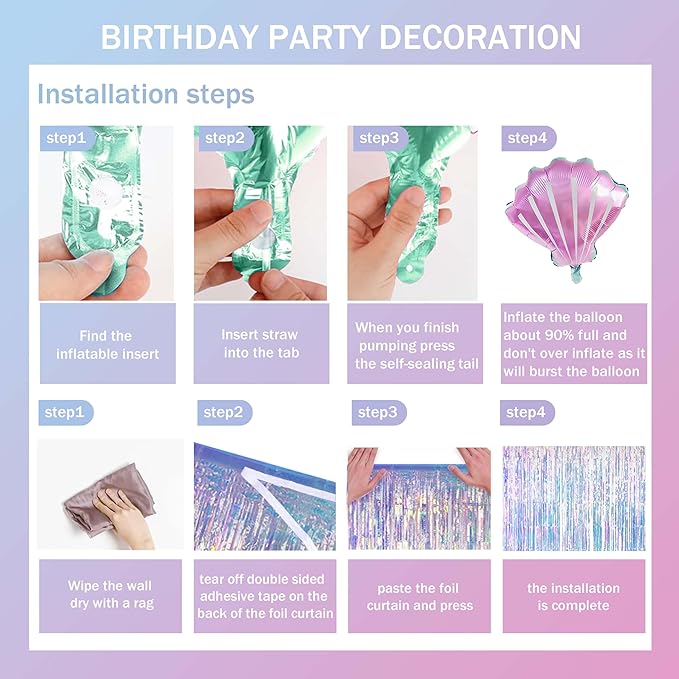 Mermaid Birthday Decorations for Girls,Fringe Curtains Happy Birthday Banner,Red balloons,Cake Toppers for women