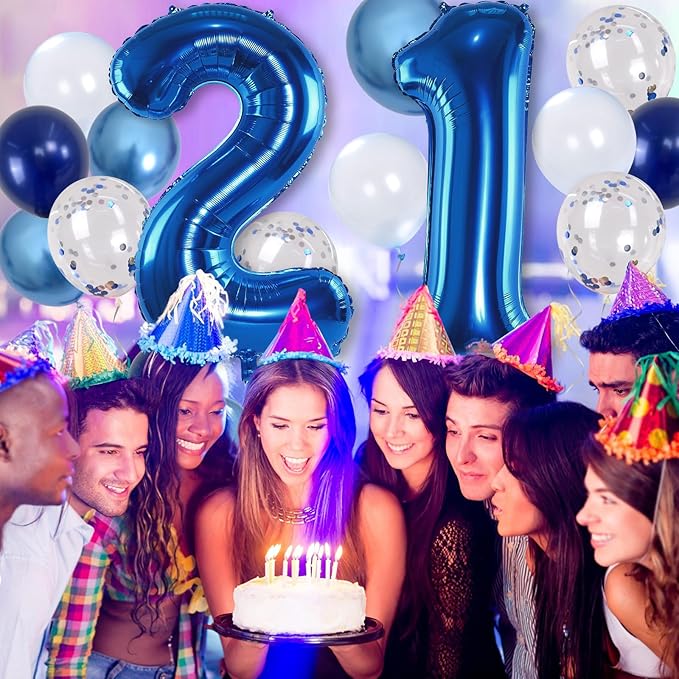 Foil Number Balloons 21, 40'' 21st Birthday Balloon with Pastel Navy Dark Blue Silver Confetti Helium Balloon, Self Inflating Big 21 Balloon Number for Men Birthday Party Anniversary Decor Supplies