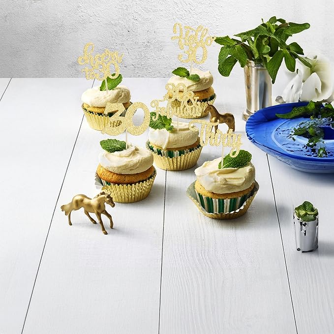 30Pcs Happy 30th Birthday Cupcake Toppers Gold Glitter Thirty Cheers to 30 Birthday Cupcake Picks for Happy 30th Birthday Anniversary Party Cake Decorations Supplies