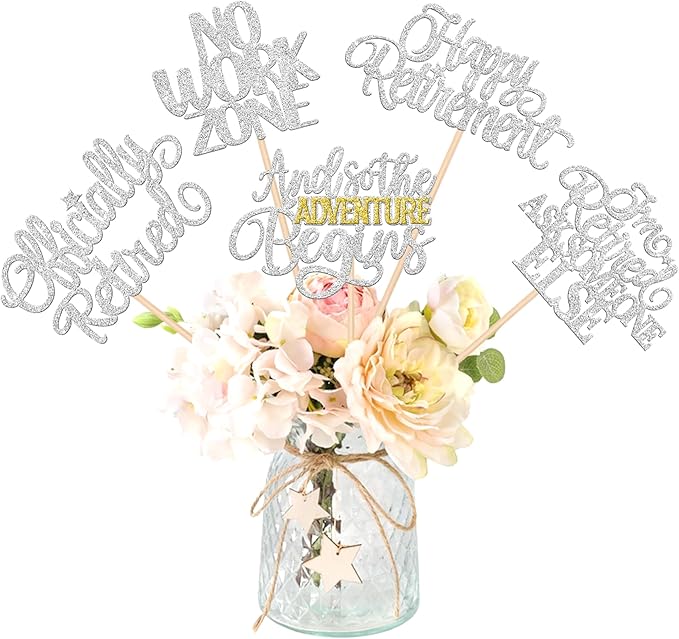 15 PCS Happy Retirement Centerpiece Sticks Officially Retired Table Flower Centerpieces Sticks No Work Zone Floral Decorations for Retirement Theme Farewell Birthday Party Centerpieces Supplies Silver