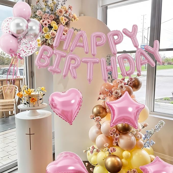 29PC Pastel Pink Happy Birthday Balloons Banner, 16 Inch Aluminum Letter Banner Sign, Pink Silver Confetti Balloon 18 Inch Star Heart Foil Balloon for Women, Girls Birthday Party Supply