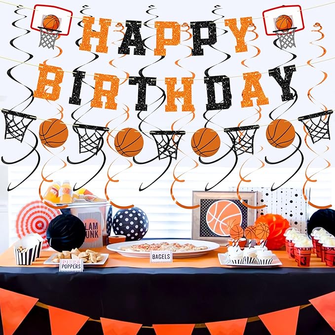 Pre-Strung Basketball Birthday Party Decorations, NO DIY Glitter Happy Birthday Banner, Paper Garland, Black and Orange Hanging Swirls, Basketball Theme Party Supplies