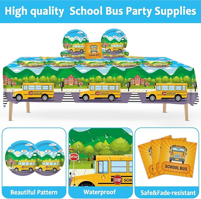 61 Pcs School Bus Party Supplies Back to School Birthday Tableware Set Bus Plates Napkins and Tablecloth Transportation Themed Decorations for Preschool Kindergarten Baby Shower Serves 20 Guests