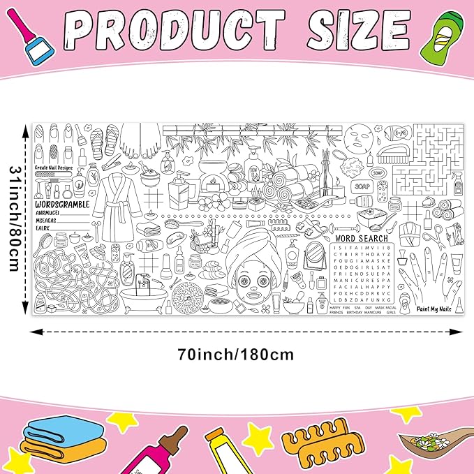 Spa Giant Coloring Poster for Kids Large Coloring Tablecloth Big Paper Sheets Page Spa Theme Table Cloth DIY Activity Game Art Crafts Mat Wall Home Party Decoration Supplies