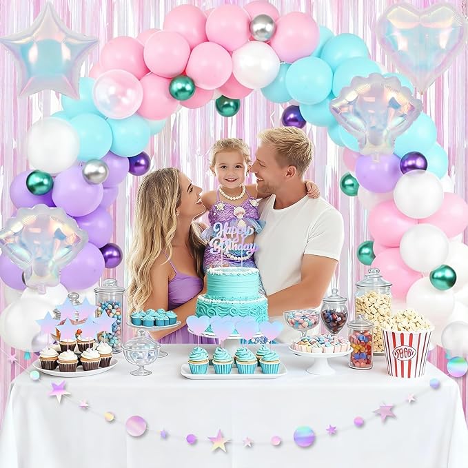 Mermaid Birthday Decorations for Girls Women, Iridescent Birthday Party Decorations, Happy birthday Banner, Pastel Balloons, Fringe Curtains, Star Garland, Cake Toppers for Under the Sea Party Decor