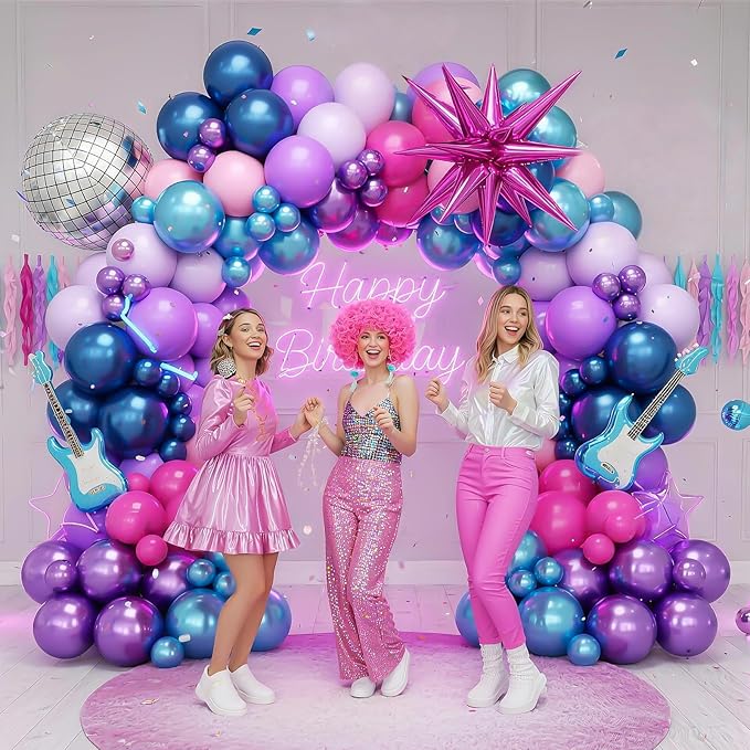 Purple Blue Pink Balloon Arch Kit, Light Pink Hot Pink Metallic Blue Purple Balloons Garland with Star Disco Ball Foil Balloons, Boy Girls Music Fans Singer Theme Birthday Prom Party Supplies