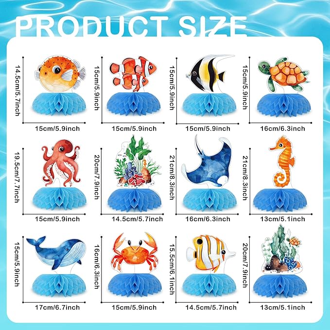 12 pcs Ocean Sea Animals Honeycomb Centerpieces Ocean Themed Birthday Party Decorations Tropical Beach Themed Party Decorations Fish Crab Turtle Seahorse Sea Creature Birthday Party Supplies