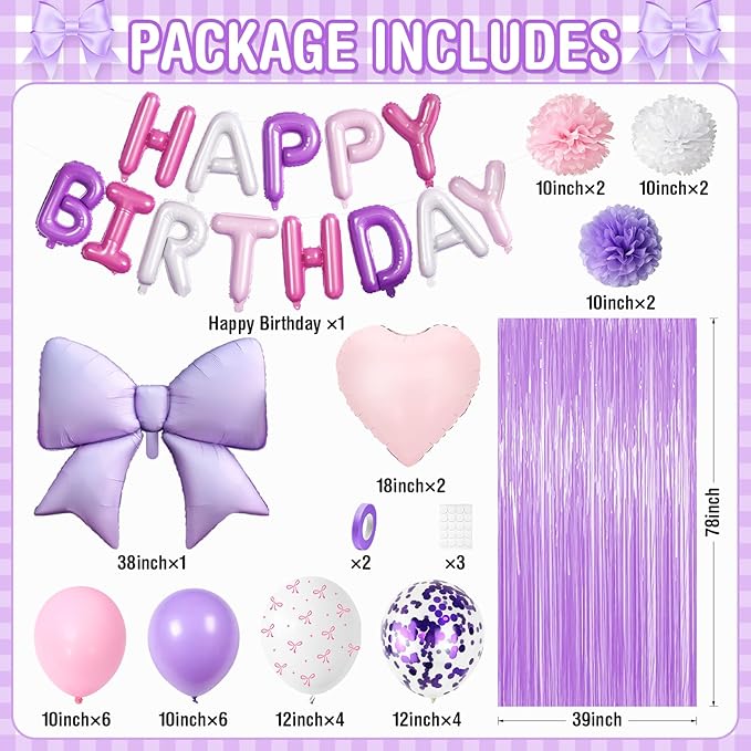 Purple Pink Bow Birthday Decorations for Women Girls, Happy Birthday Balloon Banner with Bow and Heart Foil Balloons Fringe Curtain Tissue Paper Pompoms Garland Party Supplies