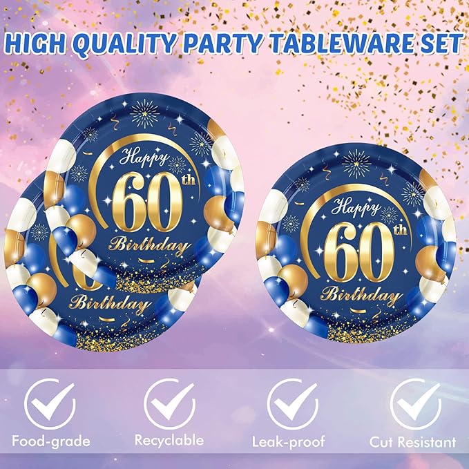 40PCS 60 Birthday Decorations for Men Navy Blue and Gold 60th Birthday Party Disposable Dinnerware Set Plates, Paper Napkins Party Supplies for Men Cheers to 60 Years