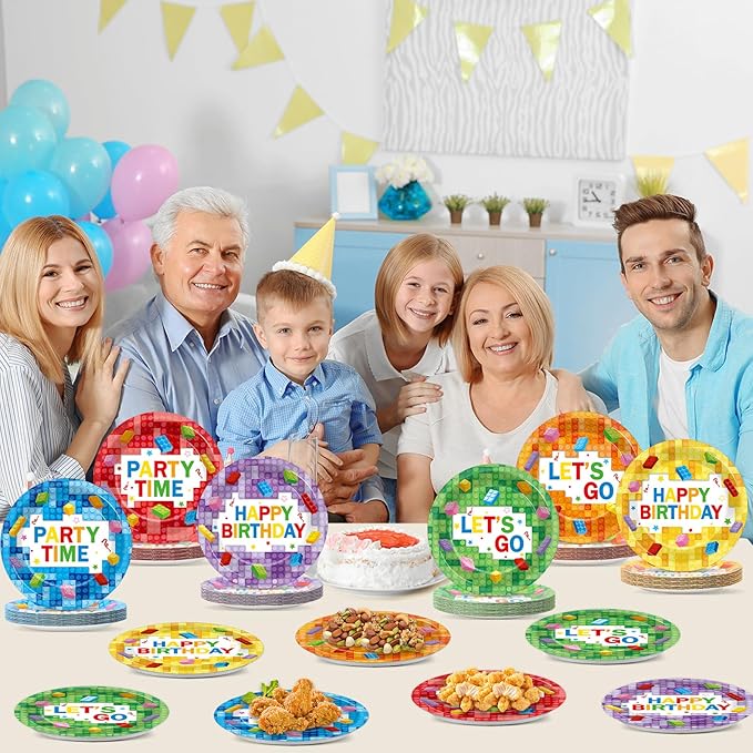 60Pcs Building Block Birthday Party Plates Building Bricks Disposable Paper Dessert Plates for Blocks Birthday Decorations Party Tableware Set for Boys Kids Baby Shower Supplies