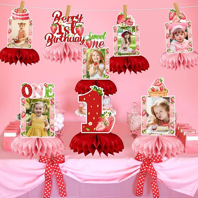 Strawberry Birthday Decorations, Strawberry Sweet One Party Decorations Honeycomb Centerpiece for Table, Strawberry Baby Birthday Decorations Girl Photo Table Centerpiece Party Supplies