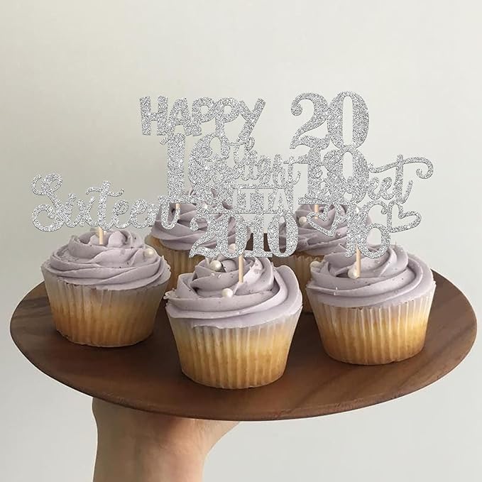 30PCS 16th Birthday Cupcake Toppers Glitter Sixteen Happy 16th Straight Outta 2010 Cupcake Picks for Cheers to 16 Years 16 th Birthday Wedding Anniversary Party Cake Decorations Supplies Silver