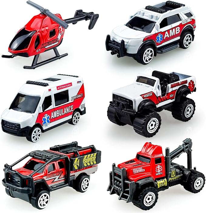 Mini Diecast Emergency Rescue Vehicle Car Set ,6 Pack Emergency Rescue Vehicle Car Ambulance Helicopters Toys for Toddlers Ages 1 2 3-5 6 Birthday Stocking Stuffers for Kids Gifts