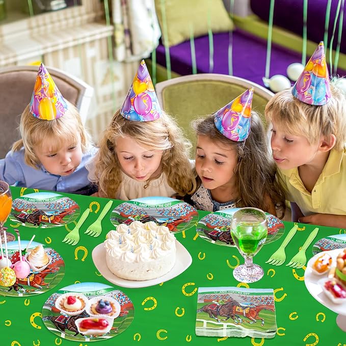 49 Pcs Derby Party Supplies Horse Racing Party Disposable Tableware Set Including Paper Plates Napkins Tablecloth Derby Day Disposable Dinnerware for Horse Birthday Supplies Serve 16 Guests