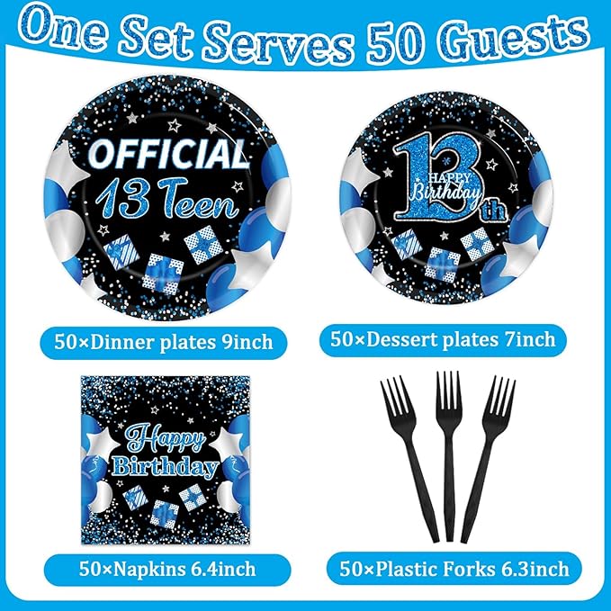 50 Guests Official Teen Birthday Plates and Napkins Party Supplies 13th Birthday Party Decorations Disposable Tableware Set Official Teen 13th Dinnerware Favor for Kids Girls Teenager, 200PCS