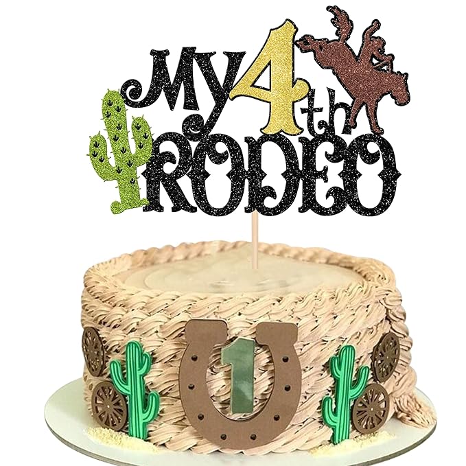 1 PCS My 4th Rodeo Cake Topper Brown Glitter Cactus Four Birthday Cake Pick Decoration for Western Little Cowboy Theme Baby Shower Kids 4th Birthday Party Cake Decorations Supplies