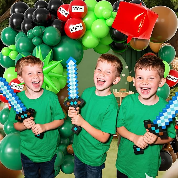 Green Balloon Arch Kit,Brow Green and Black Balloons Garland Kit For boy,Video Game Foil Balloon for Birthday Decorations,Party Supplies for boys