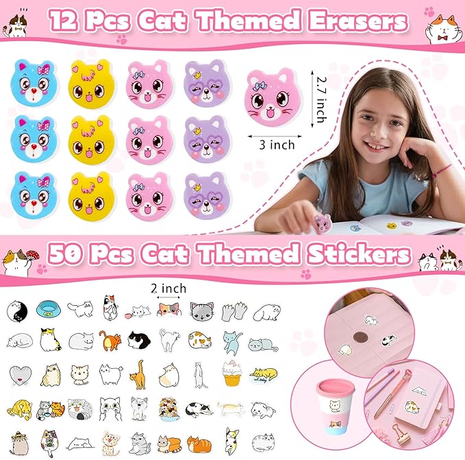 158Pcs Cat Party Favors Set with Cat Headband Keychains Tattoo Stickers Erasers Slap Bracelets Hairpin Goodie Bags Cat Party Supplies Cat Birthday Decorations Girl Party Favors