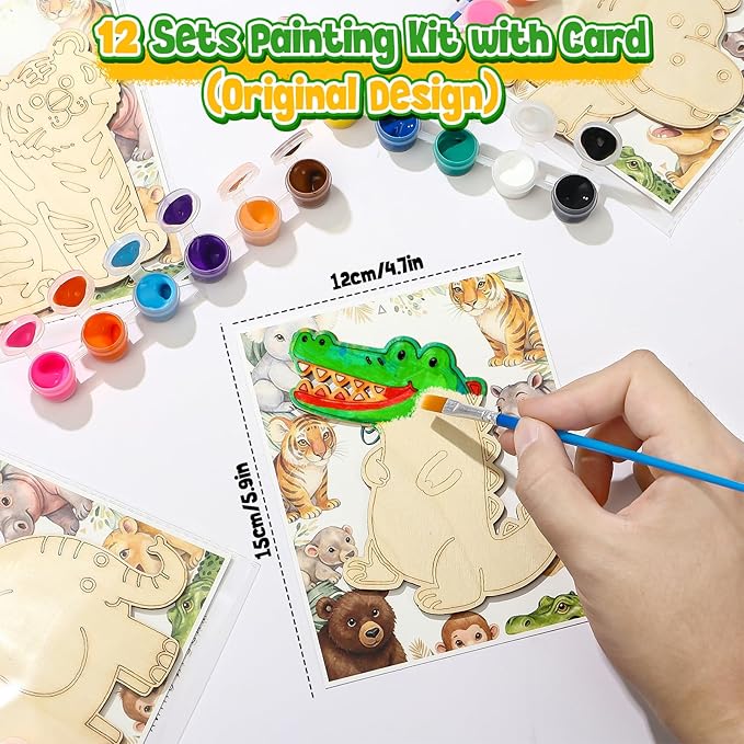 Winrayk 136Pcs Safari Party Favors Jungle Birthday Supplies for Kids, Wooden Painting Kit with Card/ Tote Bag/ Paper Glasses/ Keychain/ Tattoo Sticker/ Animal Sticker, Wild One Party Favors Decor