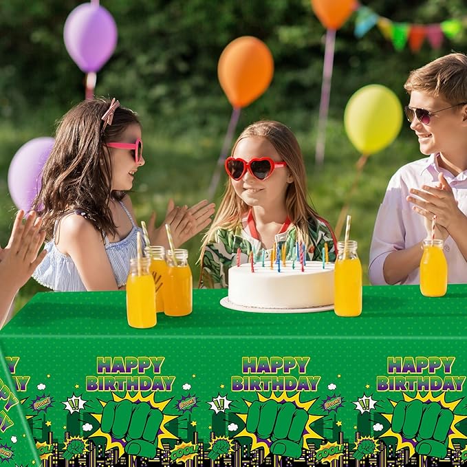3 Pcs Green Hero Birthday Party Supplies Super Theme Birthday Tablecloths Cartoon Green Hero Table Covers for Kid City Cityscape Theme Bday Baby Shower Table Party Decoration 54 x 108 Inch