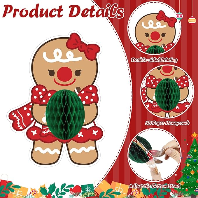 12PCS Christmas Table Centerpieces Gingerbread Christmas Decorations Honeycomb Centerpieces Xmas Party Decorations Snowman Table Toppers for Winter Holiday Party Supplies