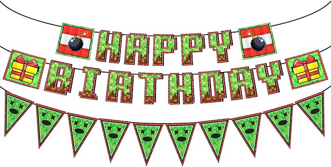 IndoTribe Pixel Happy Birthday Banner Pre-strung - 10ft Pennant Banner Flag Video Game Birthday Decorations Miner Backdrop Gaming Birthday Party Decorations Gamer Party Decorations