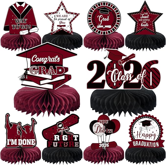 10PCS Graduation Party Decorations Class of 2026 Congrats Grad Table Centerpieces Congratulate Graduation Honeycomb Table Toppers for Graduation Party Supplies(Maroon Black)