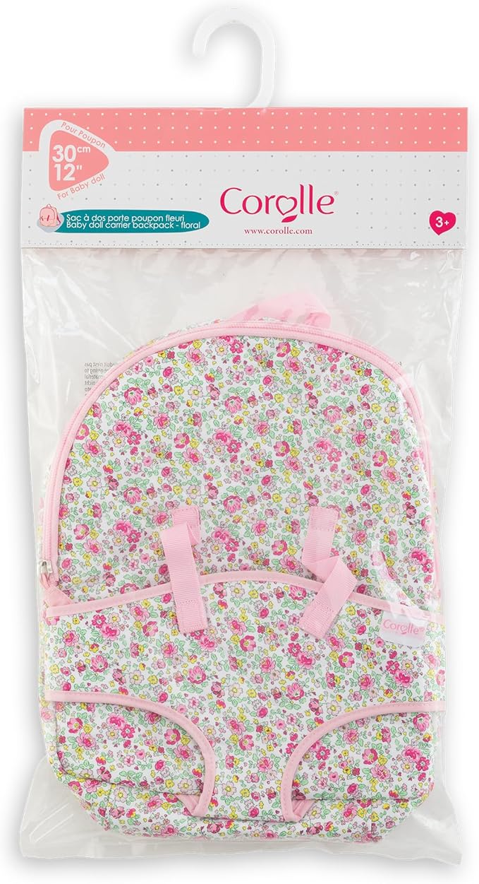 Corolle Backpack Baby Doll Carrier for 12 Inch Dolls - Toddler Baby Doll Carrier for Little Girls Age 1-3, Adjustable Straps with Zippered Storage, Hands-Free Play, Pink