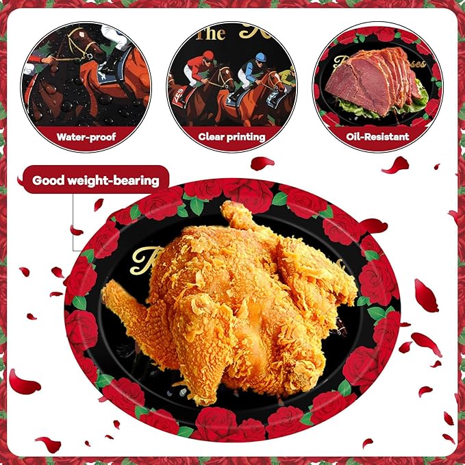 100Pcs Derby Party Supplies Run for the Roses Oval Paper Plates Napkins Derby Day Dinner Plates Horse Racing Disposable Tableware Set for Kentucky Horse Theme Birthday Party Decorations Serves 50