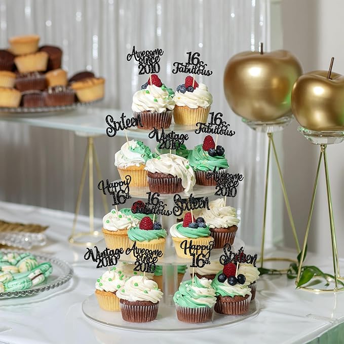 30Pcs Happy 16th Birthday Cupcake Toppers Glitter Sixteen Vintage 2010 Cupcake Picks Cheers to 16 Fabulous Cake Decorations for 16th Birthday Wedding Anniversary Party Supplies Black