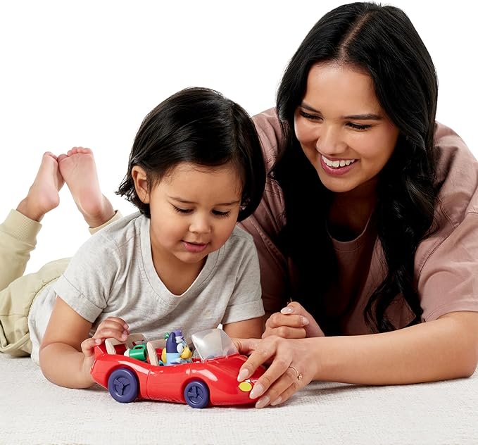 Bluey Figurine (2.5”) & Escape Convertible Vehicle Playset, Robust Toddler Toy Car with 4 Accessories and Stickers, Immersive Toys for Kids Ages 3+