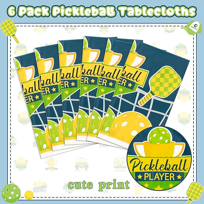 6 Packs Green Pickleball Tablecloth Disposable Waterproof Rectangle Plastic Table Cover Pickleball Player Sports Theme Indoor Outdoor Tablecloth Pickleball Party Favor Decor (54x108 Inch)
