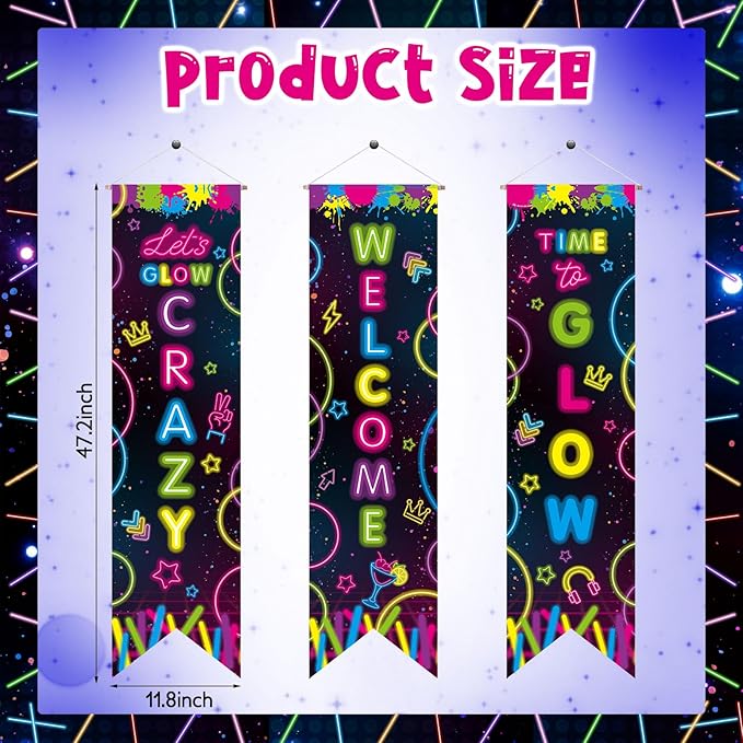 3 Pcs Neon Banner Party Decorations Let's Glow Banner Glow in the Dark Porch Sign Welcome Birthday Porch Sign for Neon Birthday Party Supplies Club Halloween Classroom Decorations