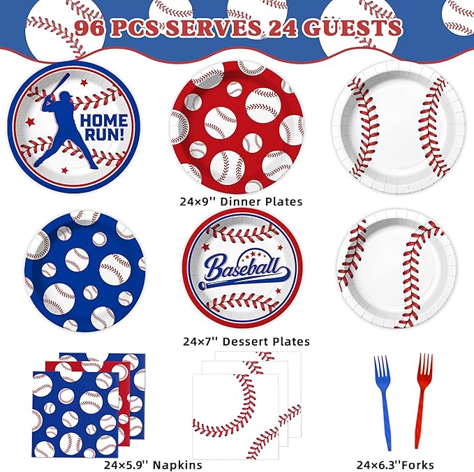 96 Pcs Baseball Plates and Napkins Tableware Set (Serve 24), Baseball Birthday Party Decorations, Party Supplies Include Plates Napkins Plastic Forks for Party