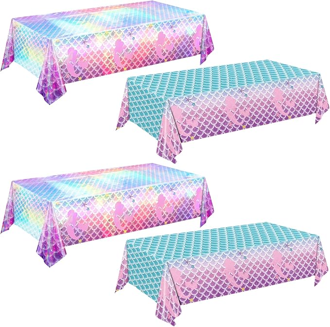 4 Pack Mermaid Tablecloth Mermaids Laser Table Cover for Girls Mermaid Birthday Party Decorations, 108x54 Inch