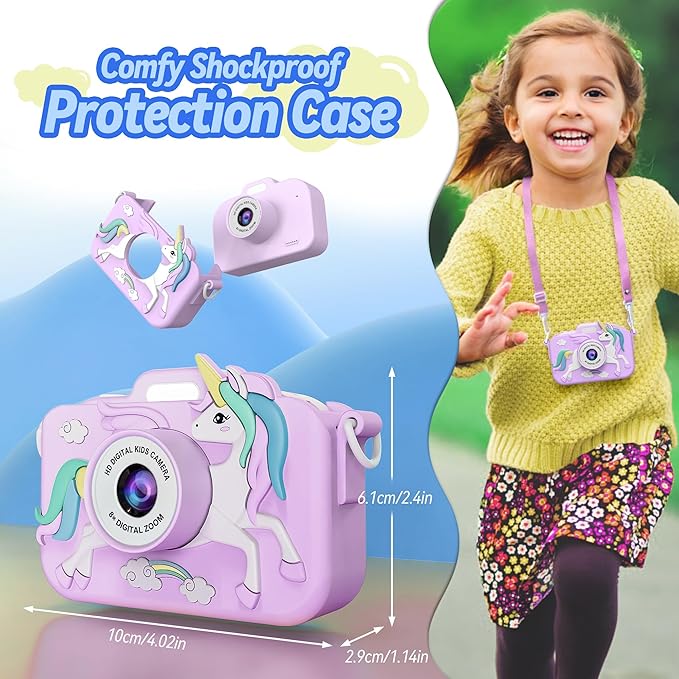 Kids Camera Toys for 3-8 Year Old Girls Boys, Children Digital Video Camcorder Camera with Cartoon Soft Cover, Chritmas Birthday Festival Gift for Kids - 32G SD Card and Card Reader (Purple)
