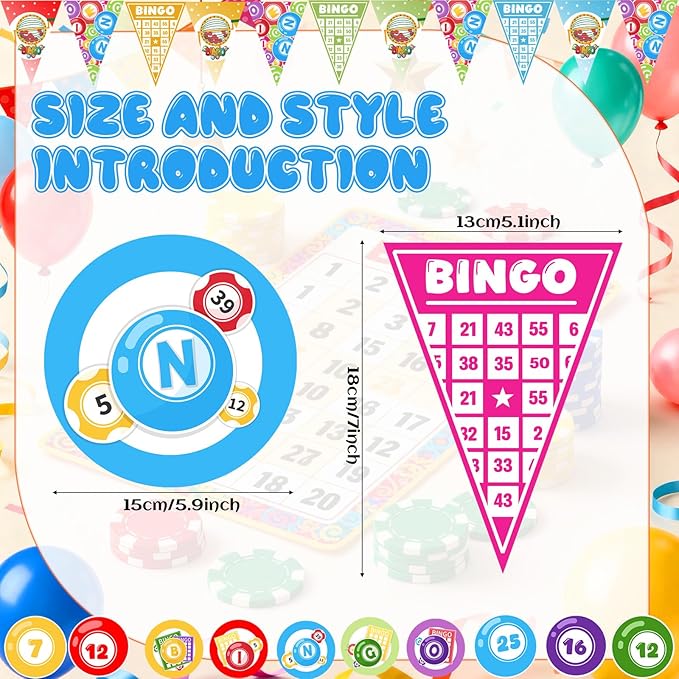 Colarr 4 Pcs Bingo Party Decorations, 2 Colorful Bingo Pennant Banners and 2 Round Flags 5.12 x 7.09 Inch Snooker Game Time Cards Coins Contest Winning Ball Party Supplies