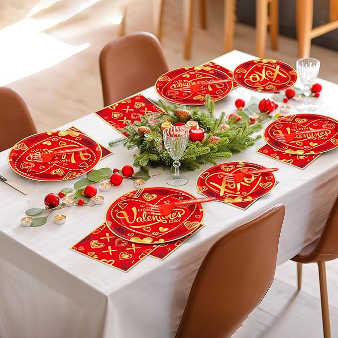 gisgfim 96 Pcs Valentine's Day Party Plates and Napkins Party Supplies Valentines Day Party Tableware Set Red and Gold Party Decorations Favors for Girls Boys Birthday Baby Shower Serves 24