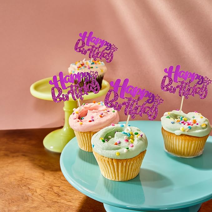 Ephlyn 24Pcs Happy Birthday Cupcake Toppers Double Layer Glitter Happy Birthday Cake Decorations for Celebrating Baby Shower Theme Kids Boys Girls Anniversary Party Decorations Supplies Purple