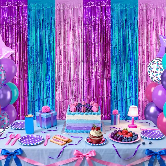 2 Pack Purple Blue Pink Foil Fringe Curtains Backdrop Birthday Party Decorations, 3.28 x 6.56 Ft Music Themed Tinsel Streamer Banner Photo Booth Props for Mermaid Sea Party Decor Supplies Favors