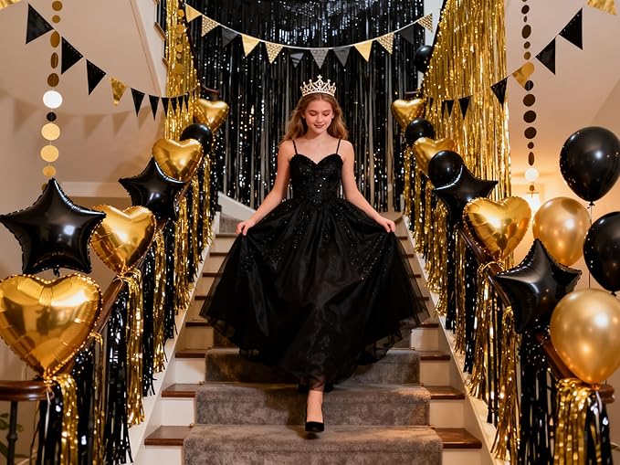 3 Packs Black and Gold Foil Fringe Curtains, Birthday Decorations Backdrop Graduation Tinsel Steamer, Retirement Farewell Engagement Wedding Bridal Shower Party Decorations